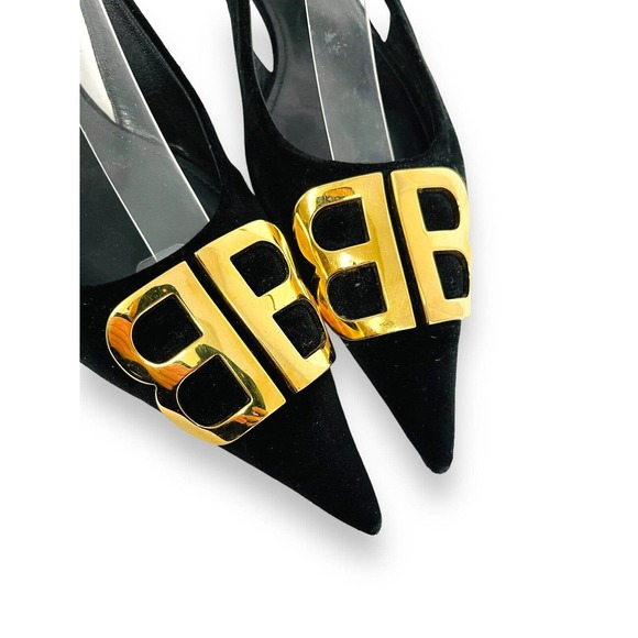 BALENCIAGA Black Velvet BB Knife Logo Slingback Pointed Toe Flats Size 36 US 6 - Picture 6 of 9